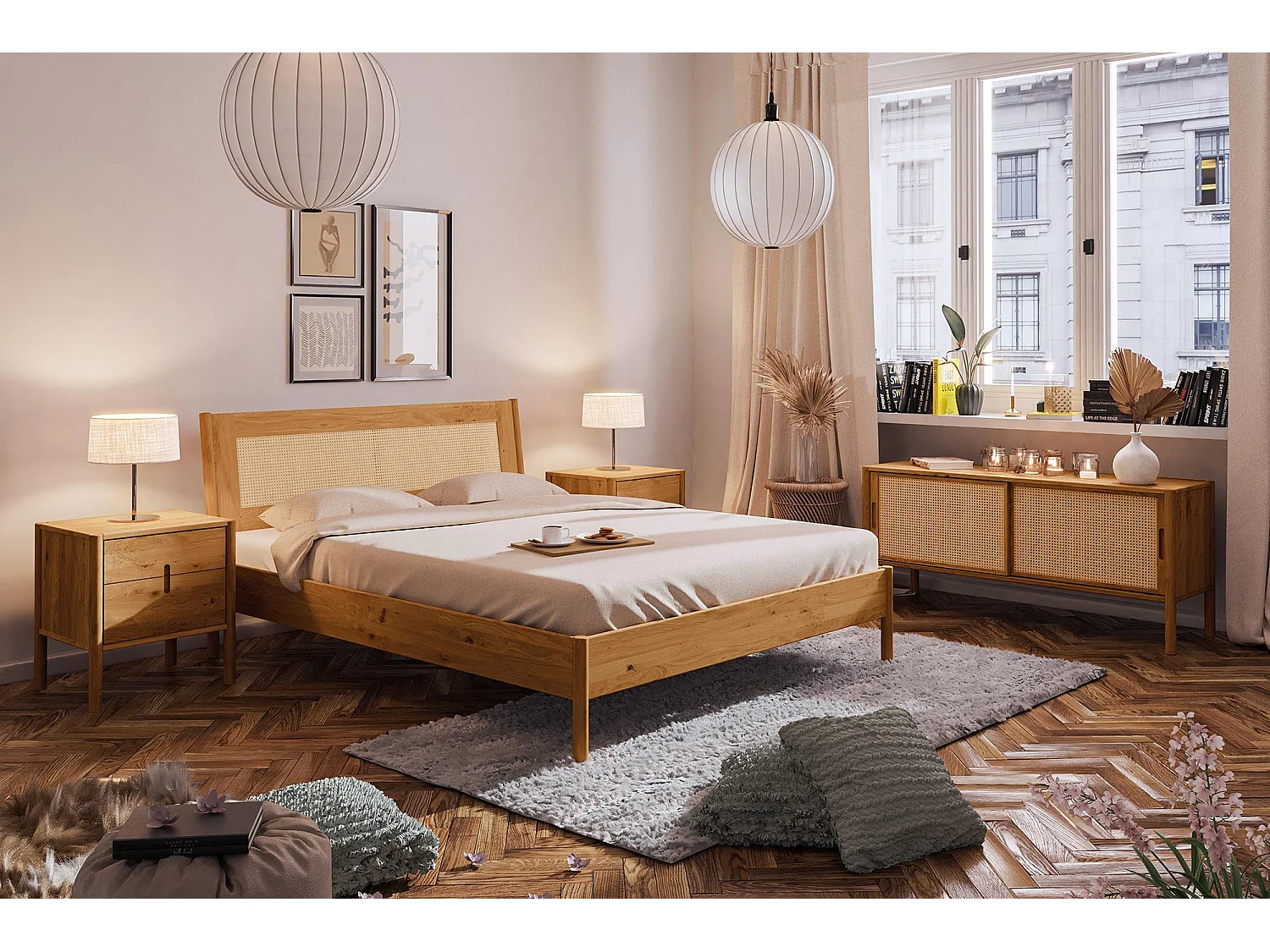 POLA - Bett mit Rattankopfteil 180 x 200 aus Wildeiche lackiert