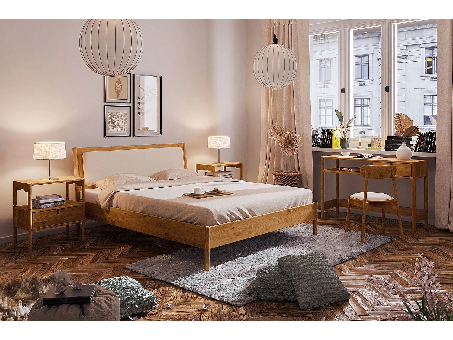 POLA - Bett mit Polsterkopfteil 100 x 200 aus Wildeiche lackiert