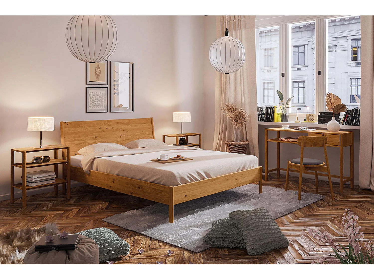 POLA - Bettgestell mit Holzkopfteil 100 x 200 aus Wildeiche naturgeölt