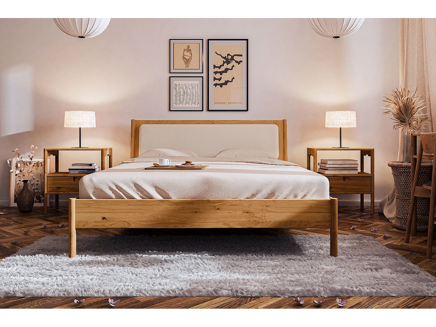 POLA - Bett mit Polsterkopfteil 160 x 200 aus Wildeiche lackiert