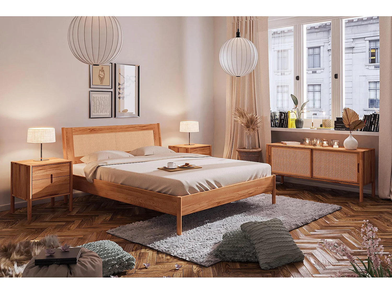 POLA - Bett mit Rattankopfteil 180 x 200 aus Kernbuche naturgeölt