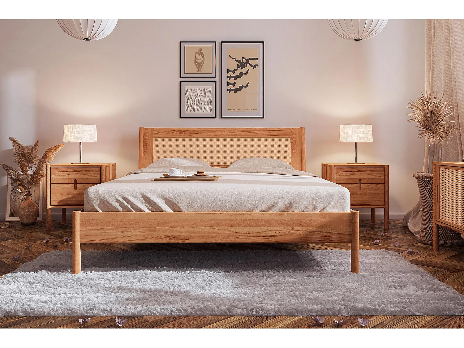 POLA - Bett mit Rattankopfteil 180 x 200 aus Kernbuche naturgeölt