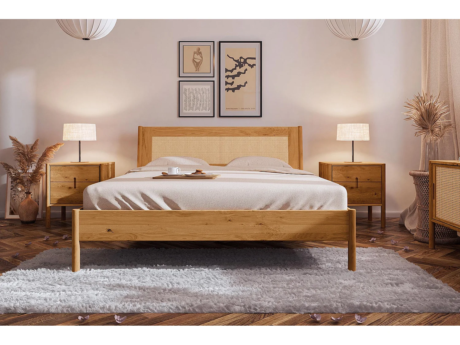 POLA - Bett mit Rattankopfteil 160 x 200 aus Wildeiche lackiert