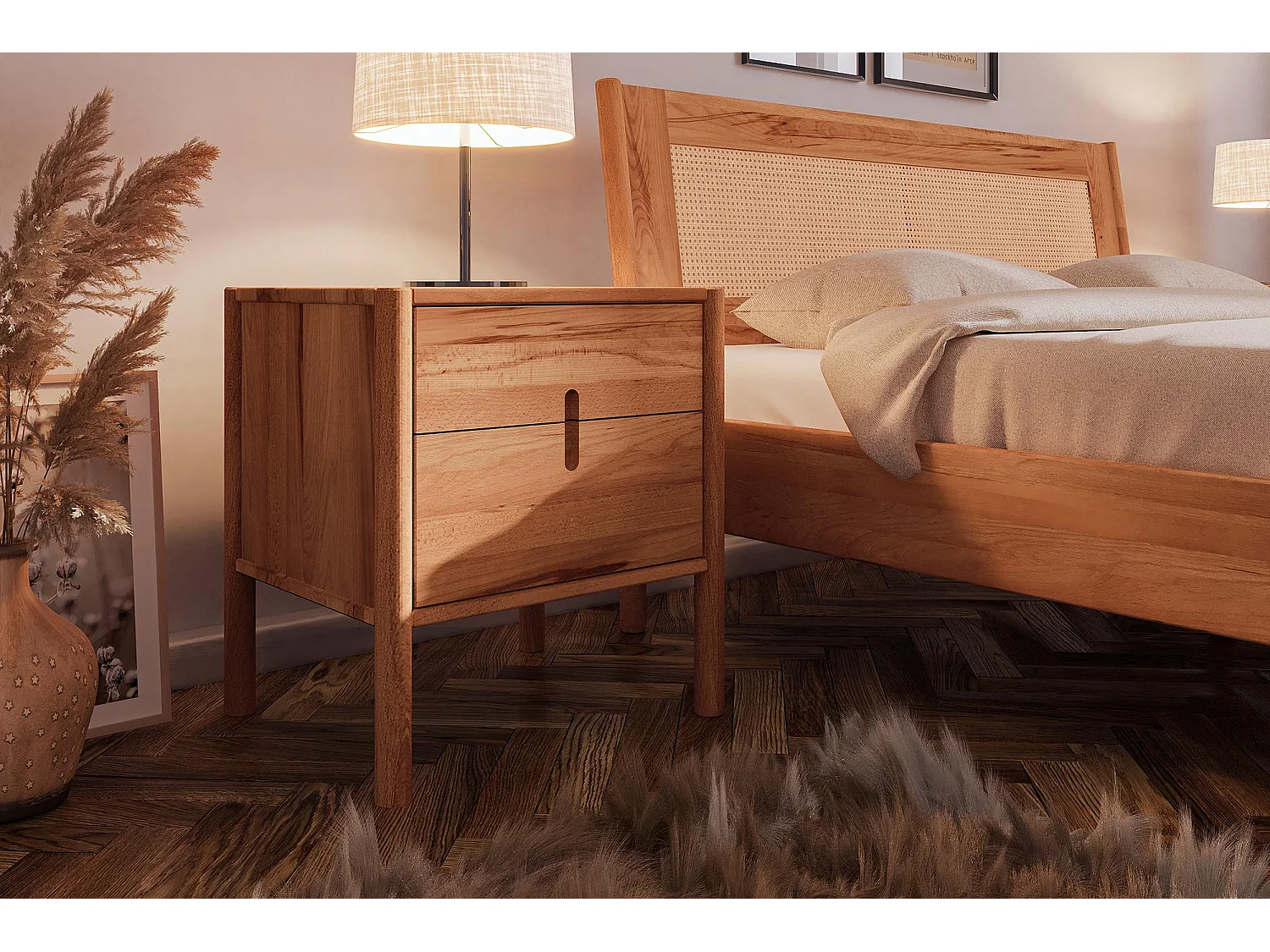 POLA - Bett mit Rattankopfteil 100 x 200 aus Kernbuche naturgeölt