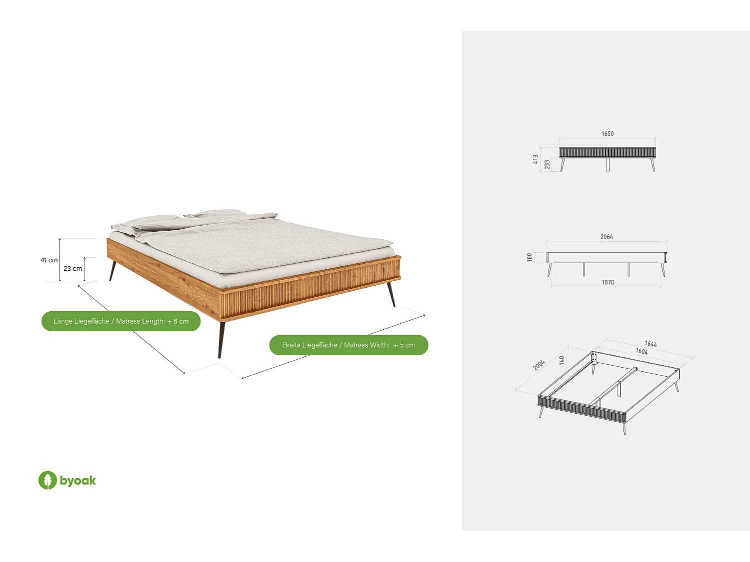 LINA - Letto in legno massello 160 x 200 cm in rovere selvatico oliato