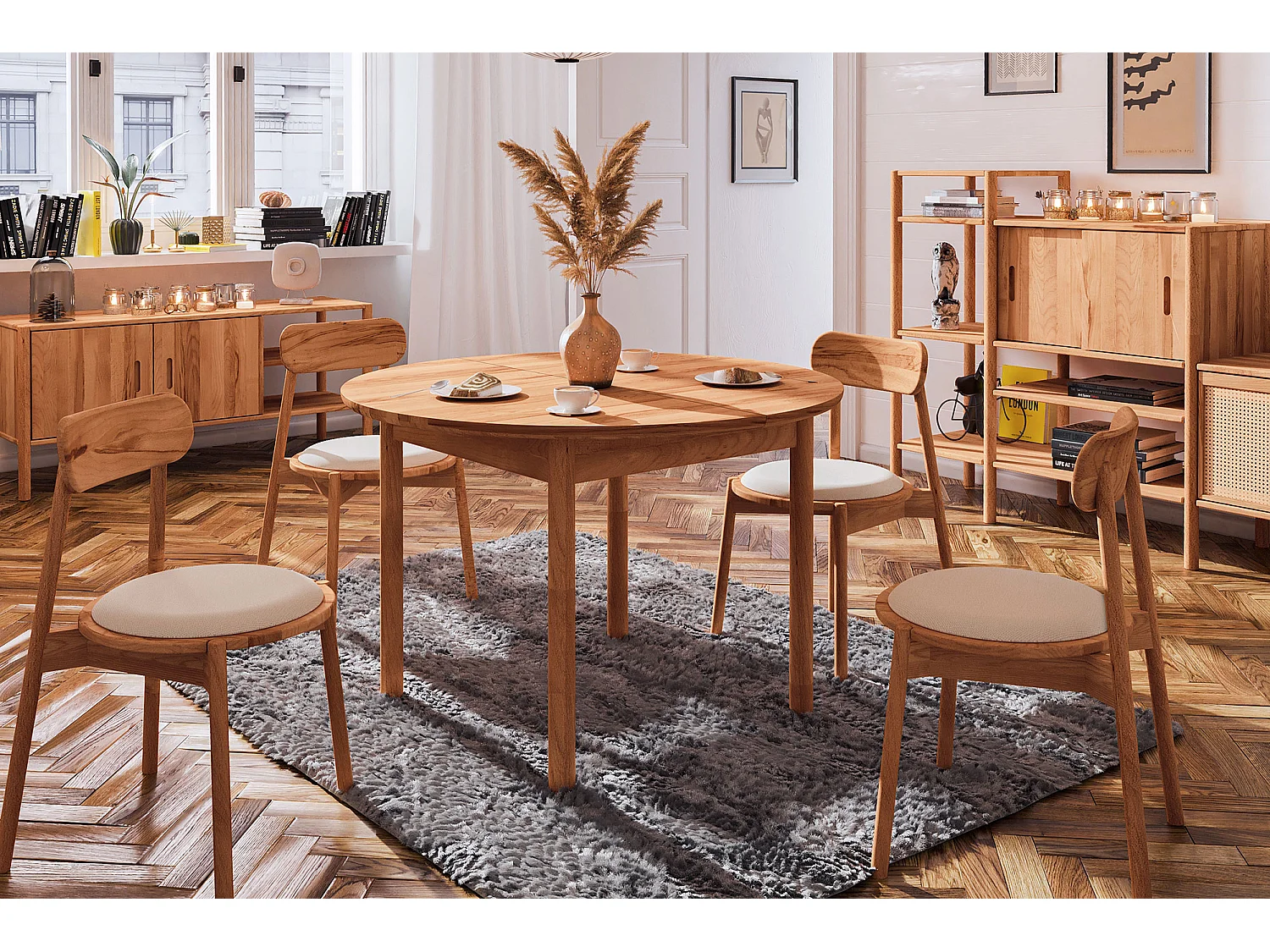 POLA - Runder Tisch mit Ausziehfunktion aus Kernbuche, naturgeölt Φ120