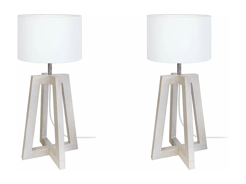 Pair de Lampes de chevet colonne bois  taupe,cylindre blanc 50 cm.