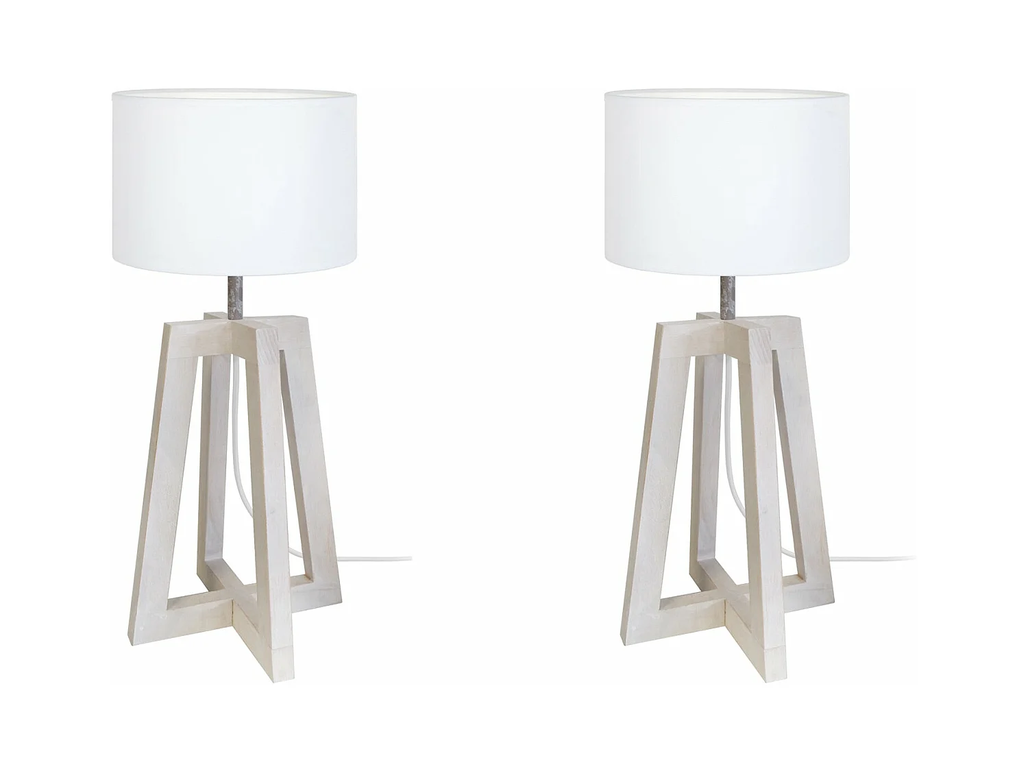 Pair de Lampes de chevet colonne bois  taupe,cylindre blanc 50 cm.