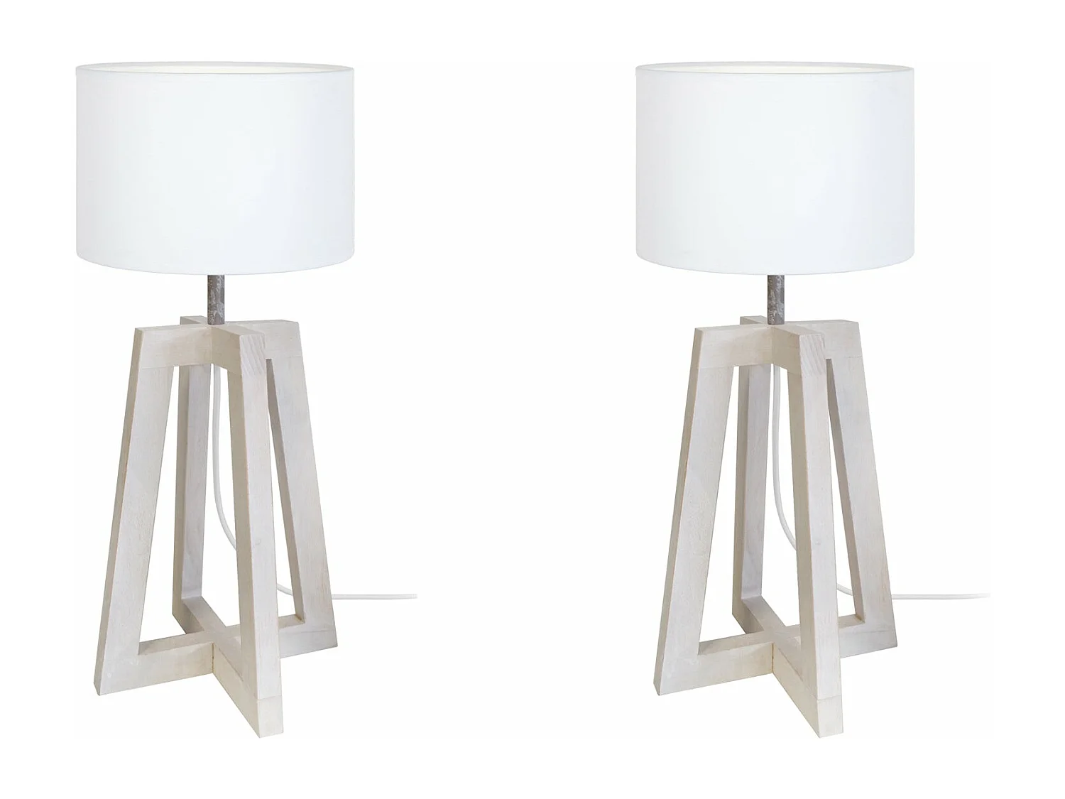 Pair de Lampes de chevet colonne bois  taupe,cylindre blanc 50 cm.