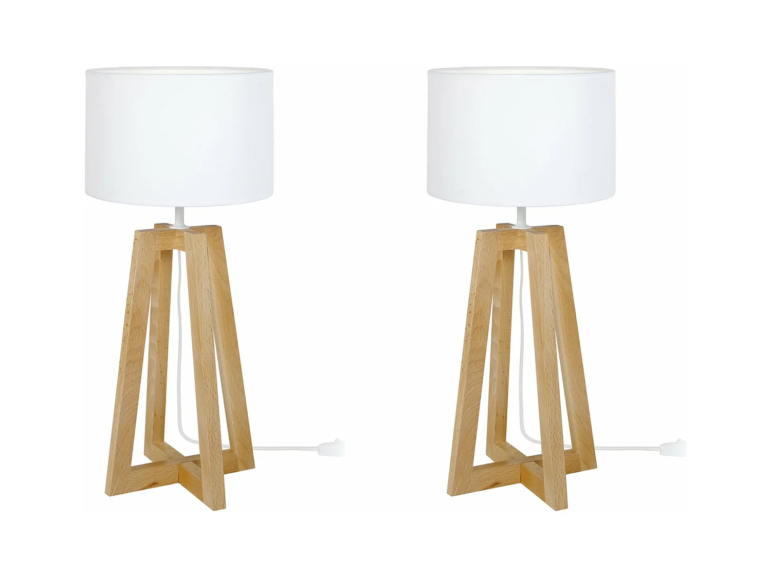 Pair de Lampes de chevet colonne bois  naturel, blanc 50 cm.