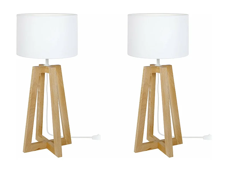 Pair de Lampes de chevet colonne bois  naturel, blanc 50 cm.