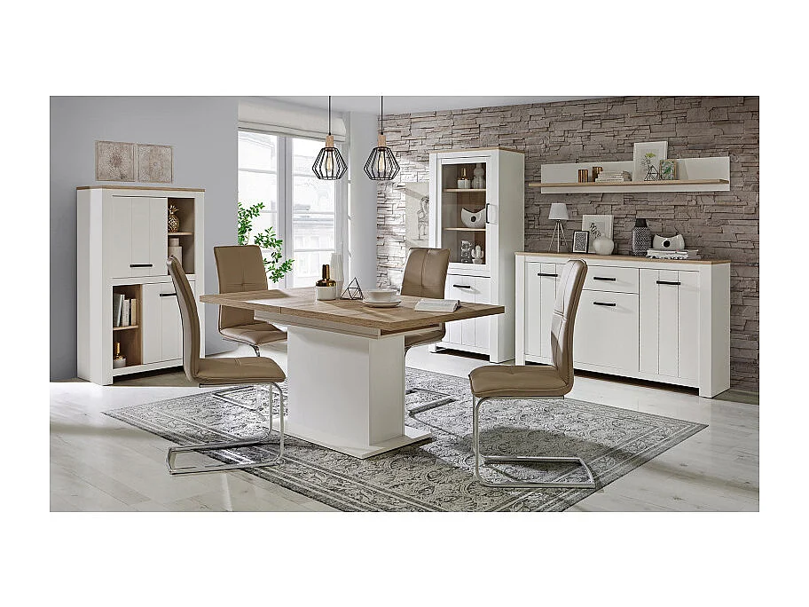 Table extensible 160 à 200 cm blanc mat et décor bois clair - LEANE