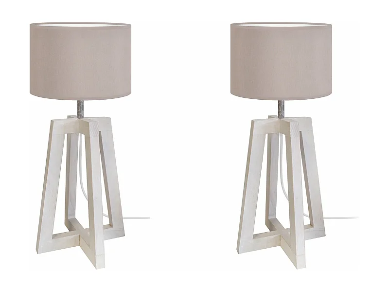 Pair de Lampes de chevet colonne bois  cylindre taupe 50 cm.