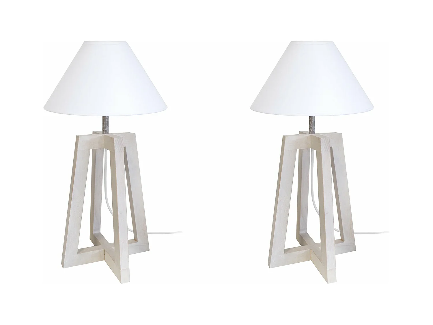 Pair de Lampes de chevet colonne bois  taupe,cone blanc 50 cm.