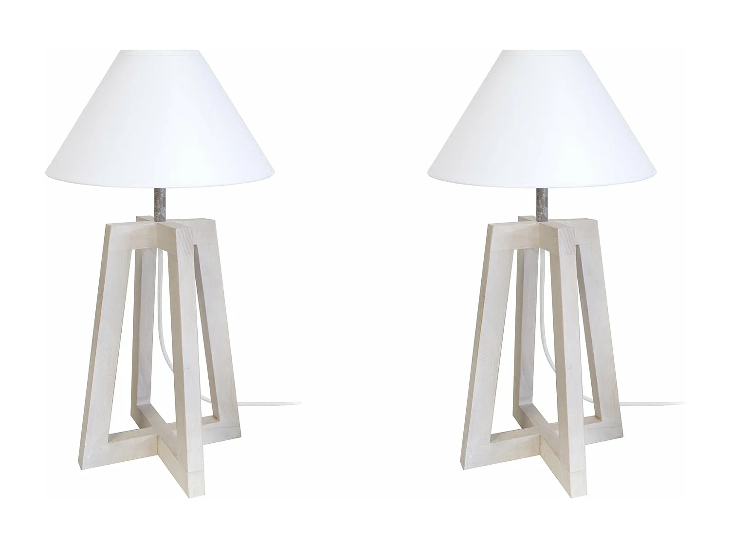 Pair de Lampes de chevet colonne bois  taupe,cone blanc 50 cm.