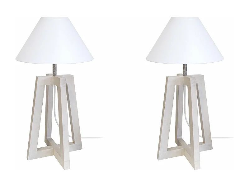 Pair de Lampes de chevet colonne bois  taupe,cone blanc 50 cm.