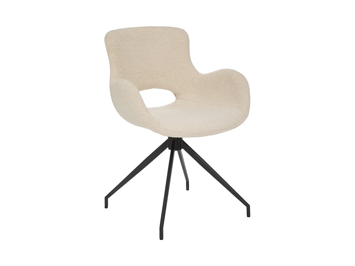 Chaise Fauteuil de table tissus Ivoire à bouclettes et pieds en métal Noir