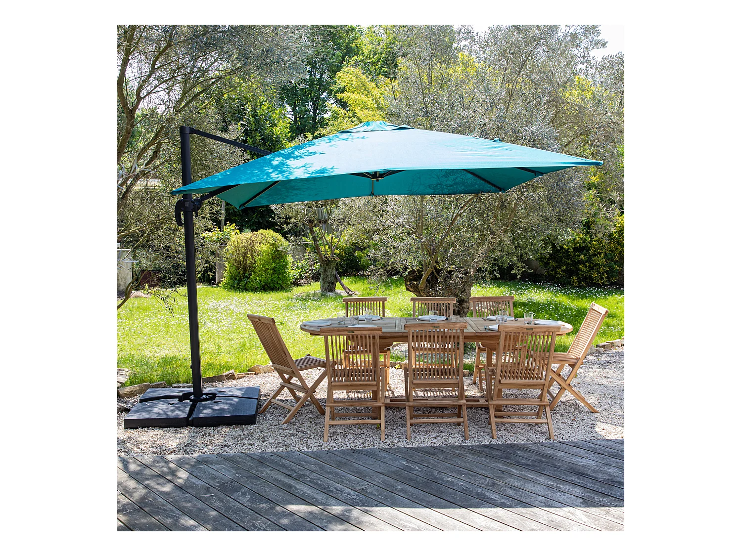 Parasol déporté MOLOKAI carré 3x3m bleu + housse - HAPPY GARDEN