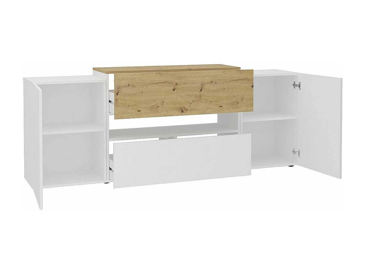 Meuble TV 2 portes 2 tiroirs blanc brillant et chêne artisan Olpe - L182 cm