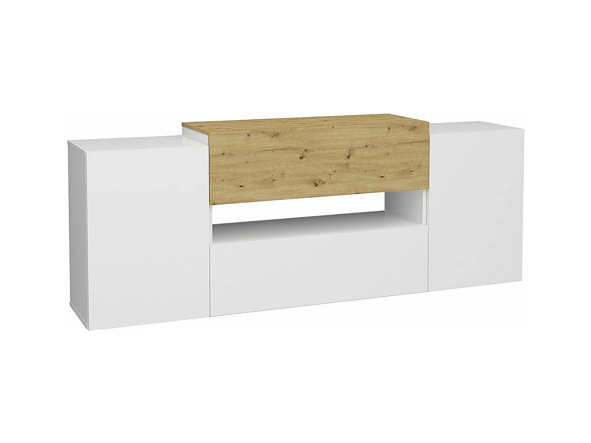 Meuble TV 2 portes 2 tiroirs blanc brillant et chêne artisan Olpe - L182 cm