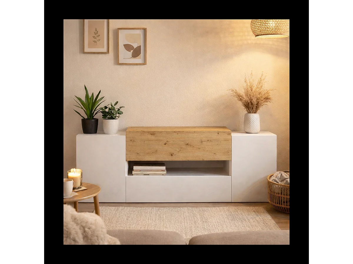 TV-Schrank 182x33x70,2 cm Weiß und Artisan-Eiche