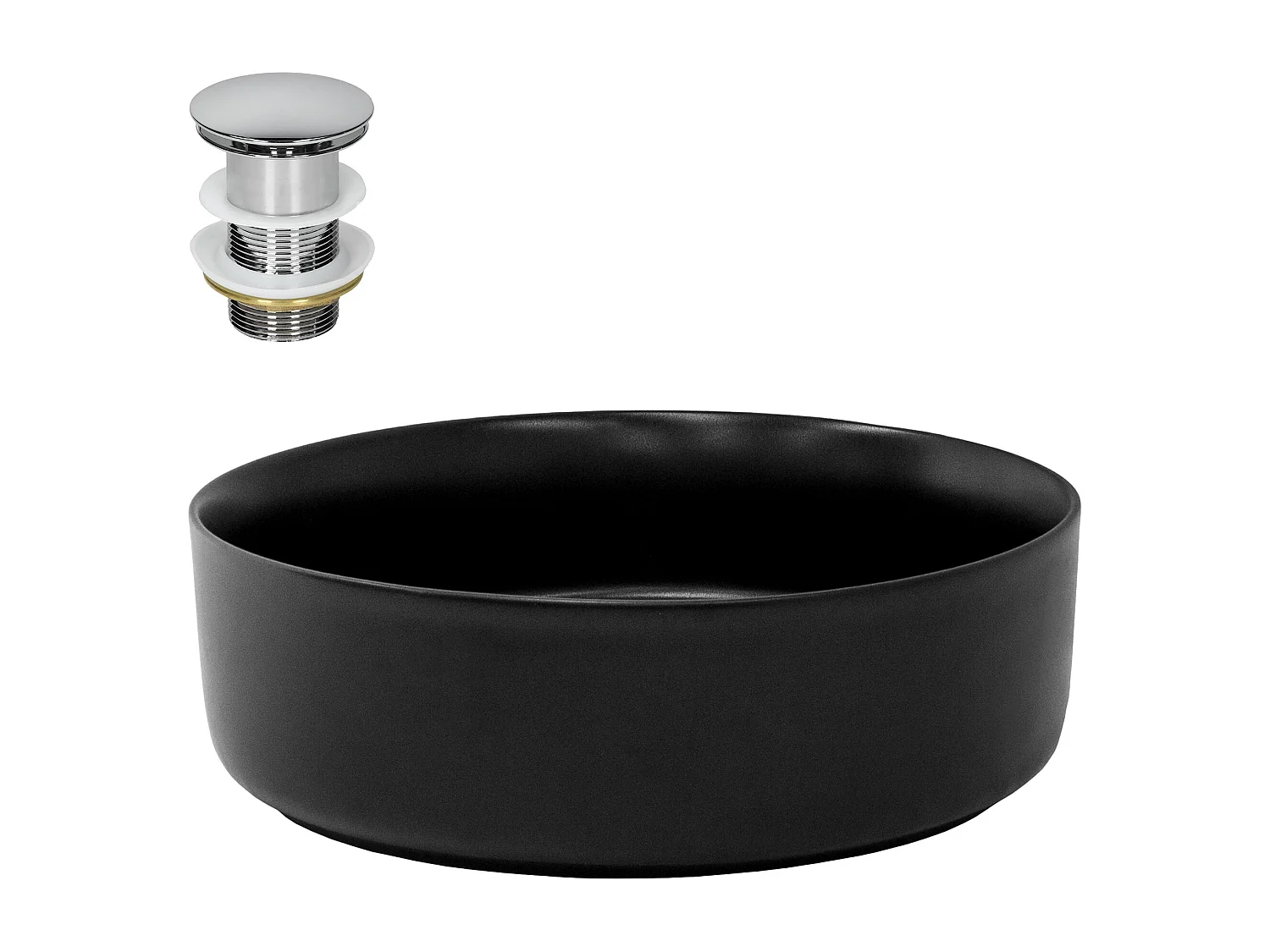 Lavabo negro mate cerámico Ø 360 x 120 mm redondo con juego de desagüe plateado
