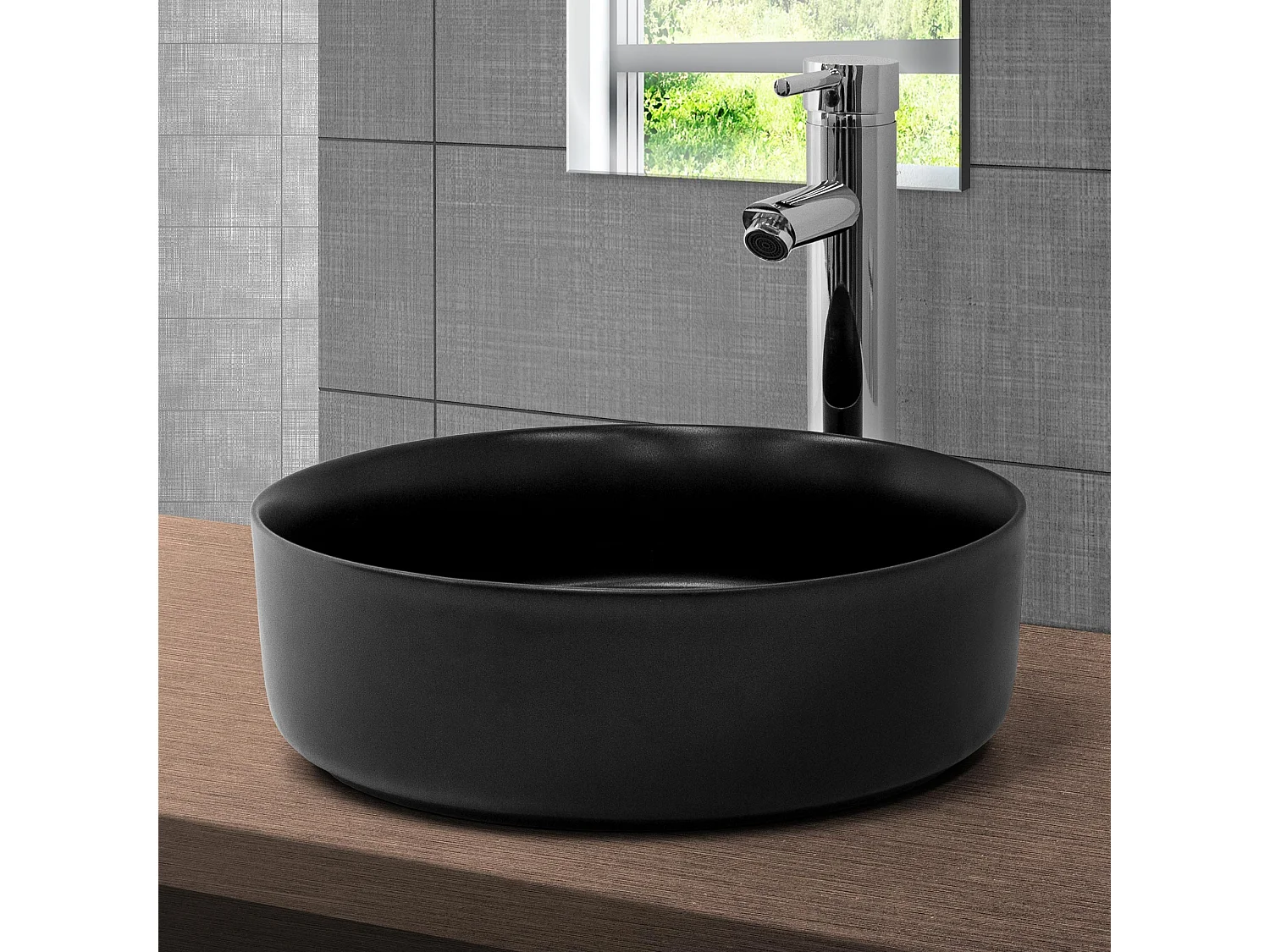 Lavabo céramique ronde noir mat avec bouchon de vidage lave-mains Ø 360 x 120 mm