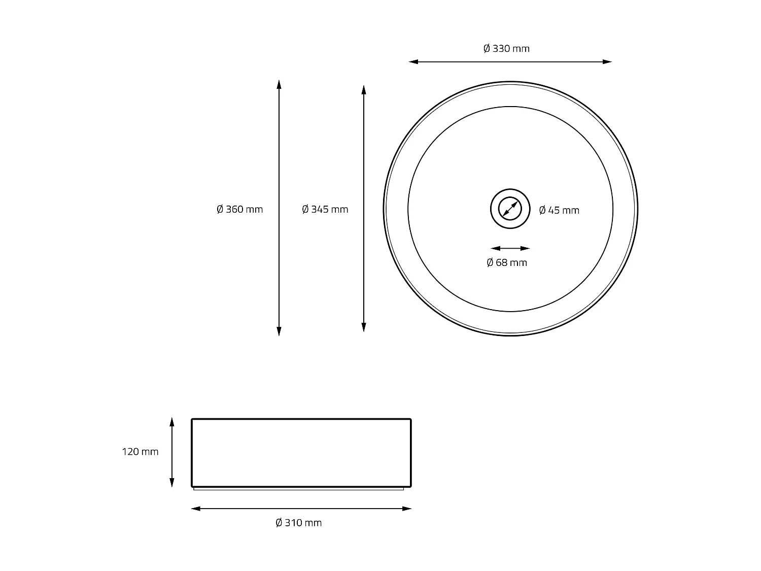 Lavabo céramique ronde noir mat avec bouchon de vidage lave-mains Ø 360 x 120 mm