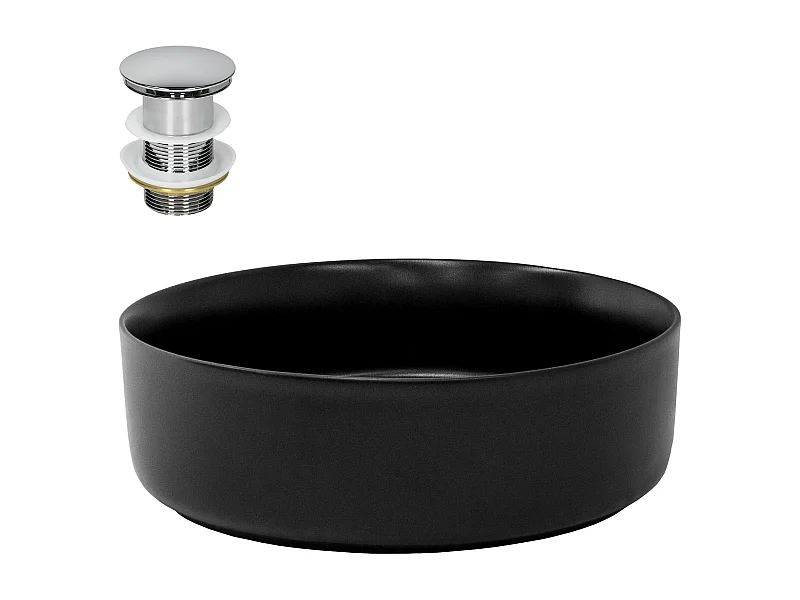 Lavabo da appoggio nero opaco rotondo con set di scarico cromato 36 x 12 cm