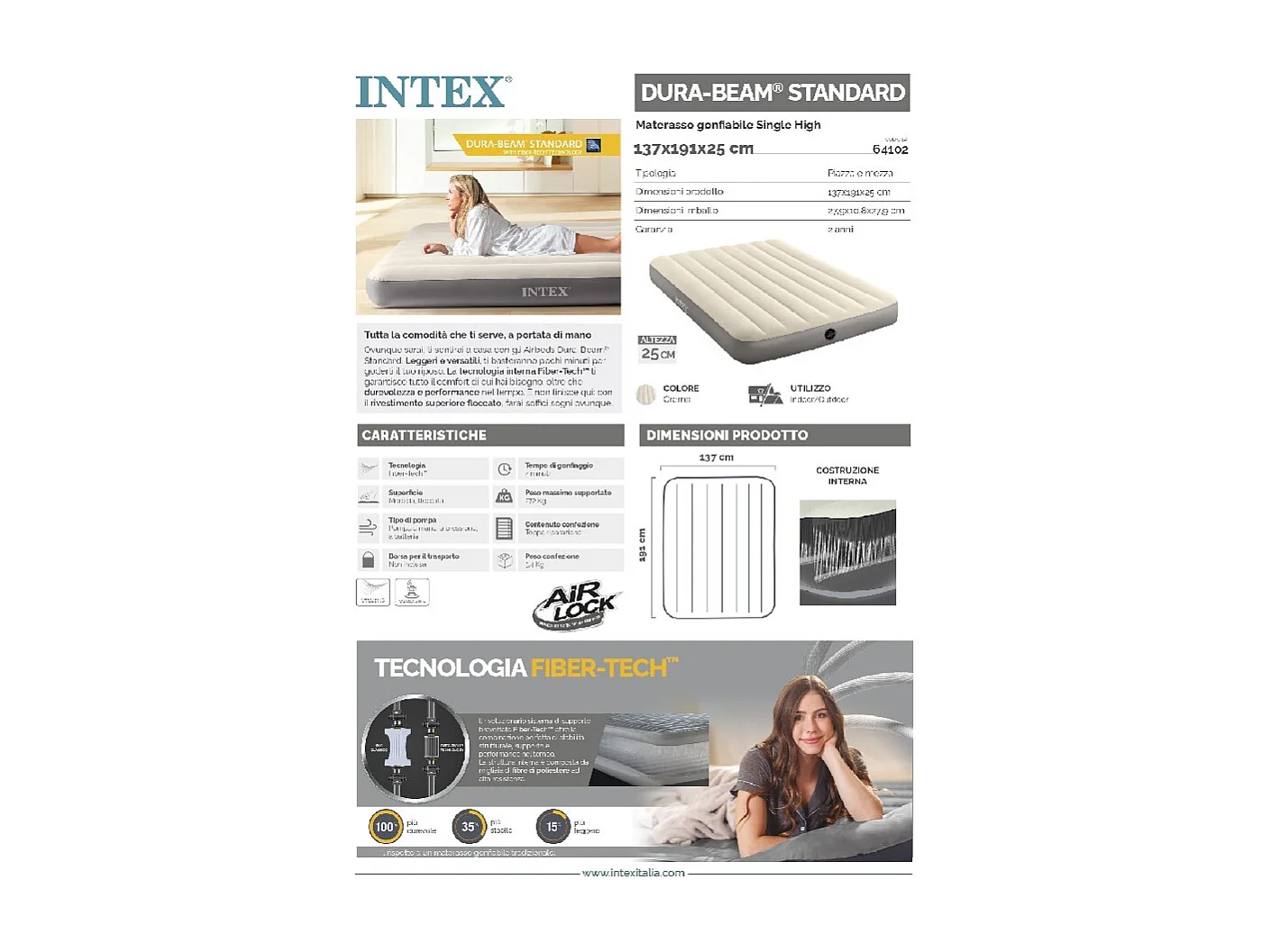 Matelas 1 Place et Demie Single High - Crème - 191x137x25 cm - Intex