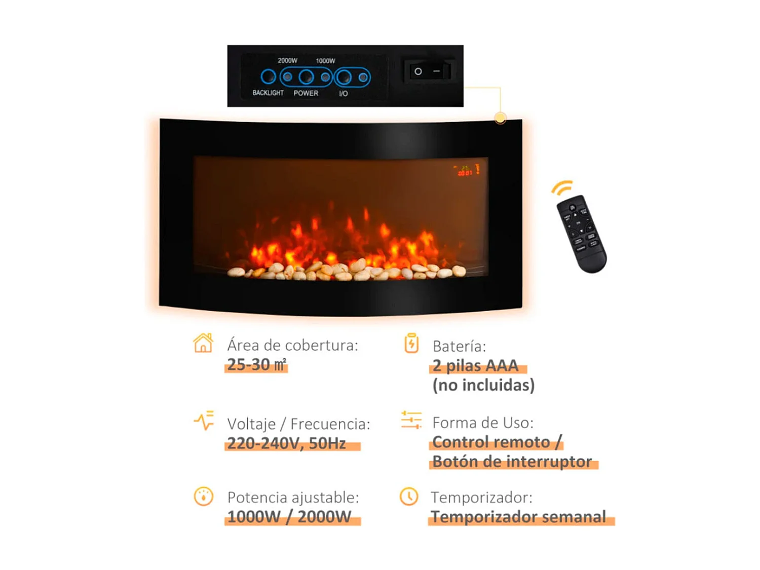 Chimenea eléctrica negro 89.2x13.5x48 cm HOMCOM