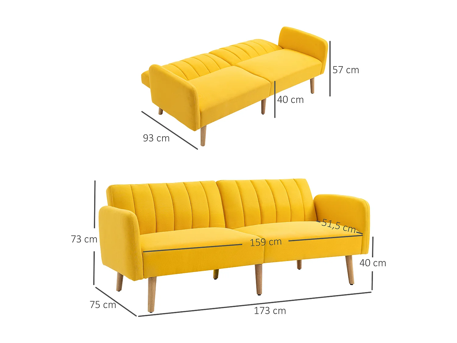 Sofá cama de 2 plazas amarillo 173x75x73 cm HOMCOM