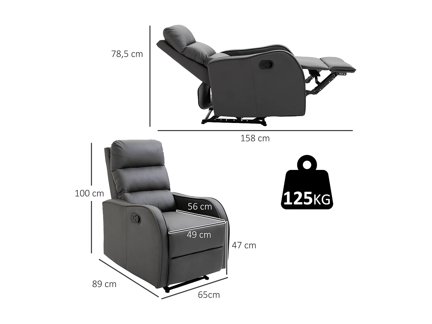 Sillón reclinable gris oscuro/gris carbón 65x89x100cm HOMCOM