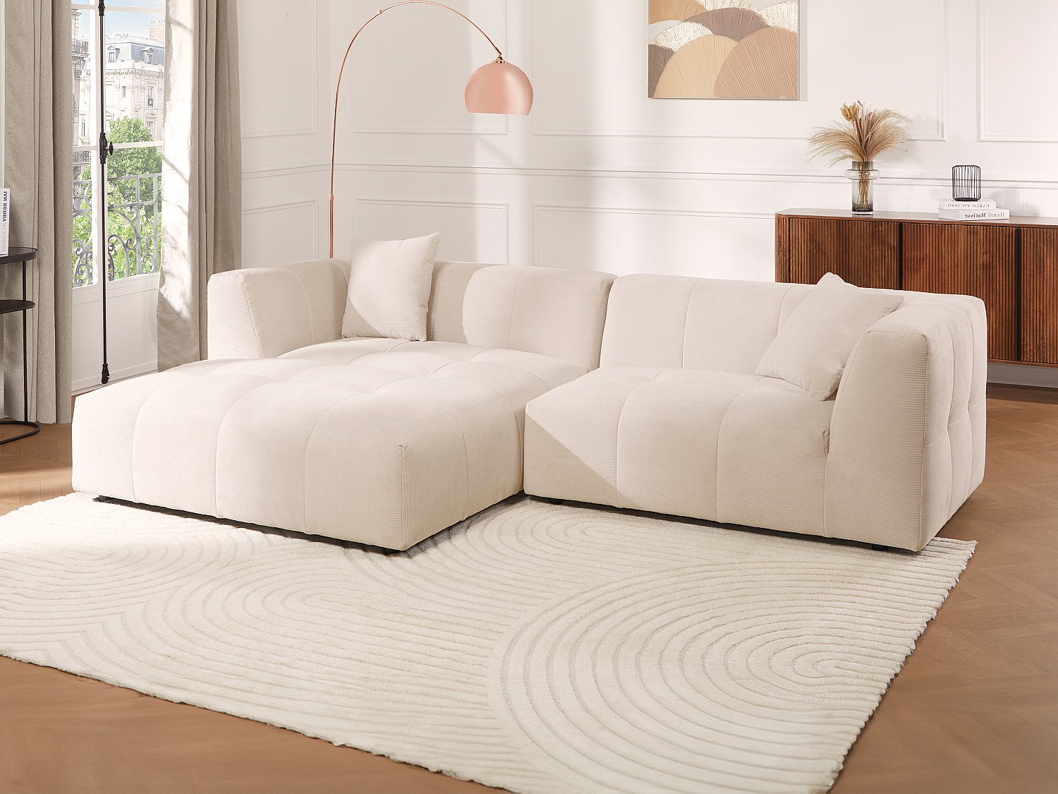 Soffa med schäslong vänsterställd beige manchester NAEMIA från Maison Céphy