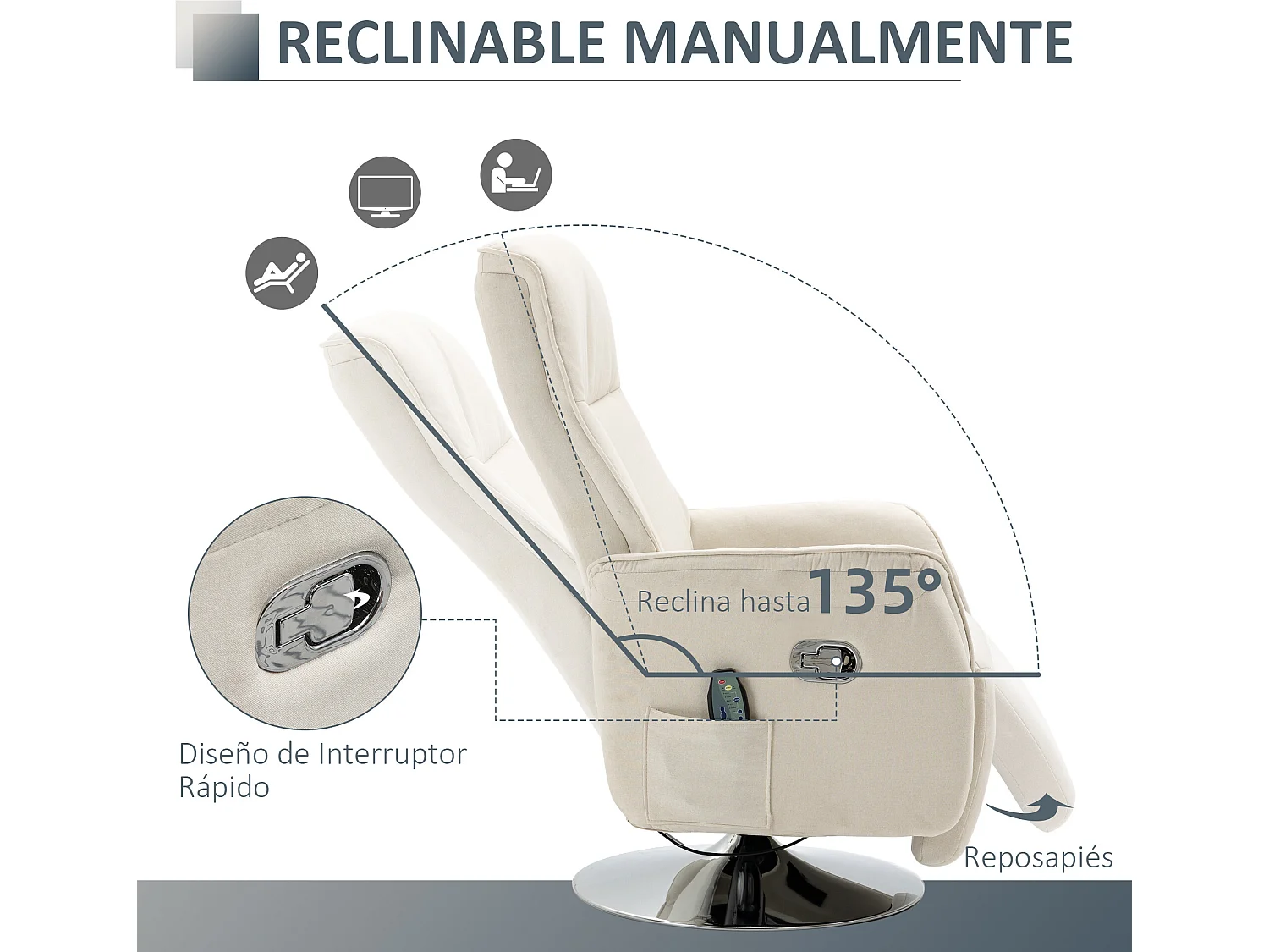 Sillón masaje eléctrico crema 68.5x84x110 cm HOMCOM