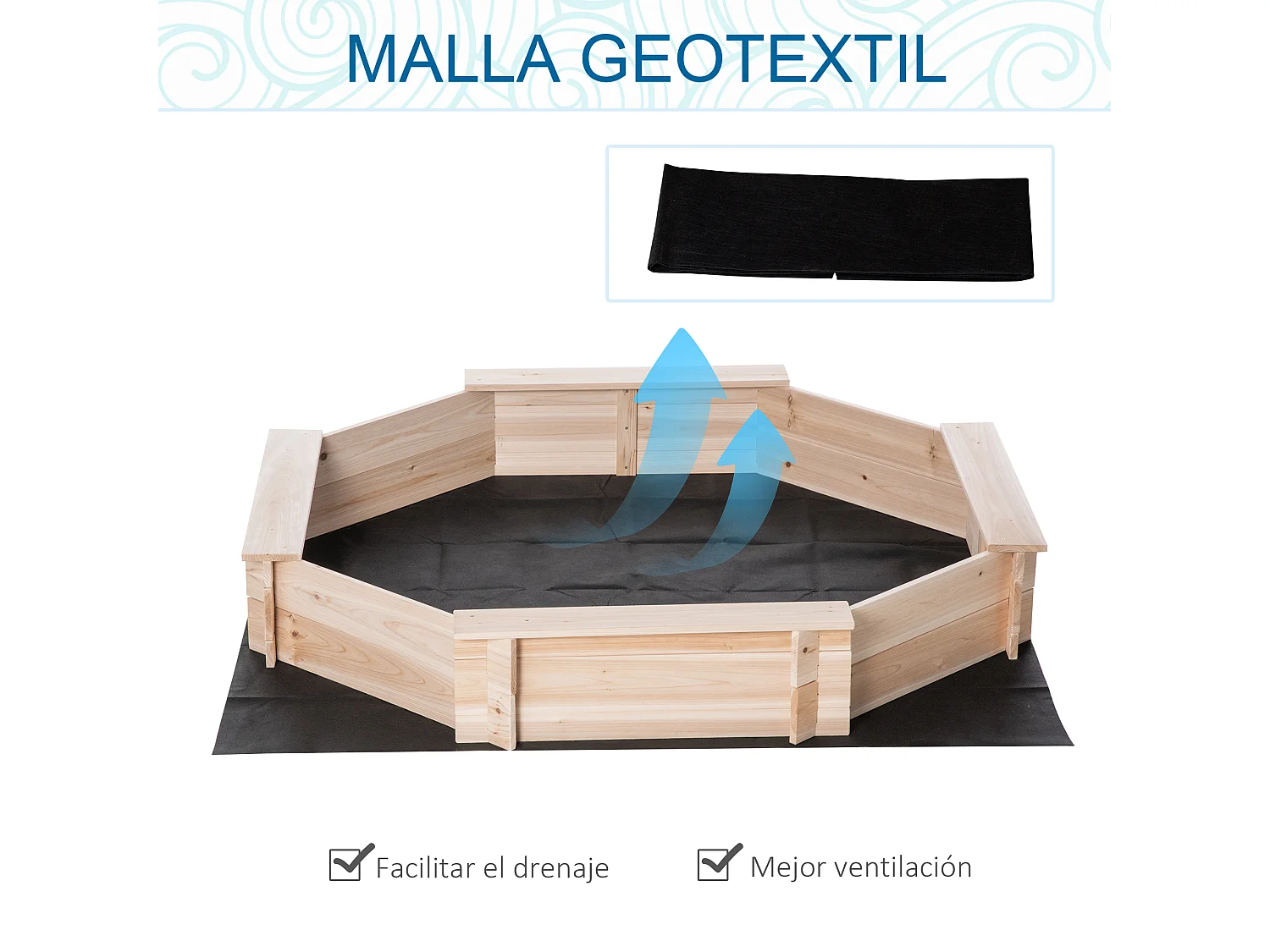 Arenero infantil natural y azul 139.5x139.5x21.5 cm Outsunny