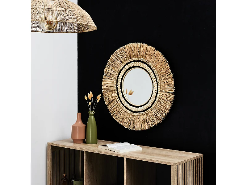 Miroir Mural en Paille "Sauvage" 58cm Beige & Noir