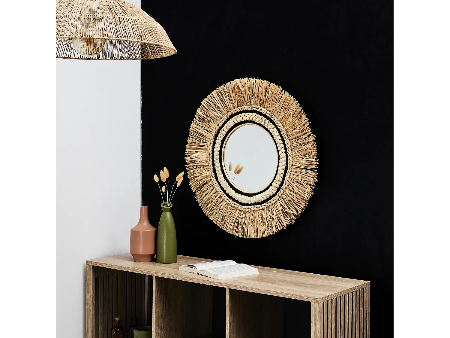 Miroir Mural en Paille "Sauvage" 58cm Beige & Noir