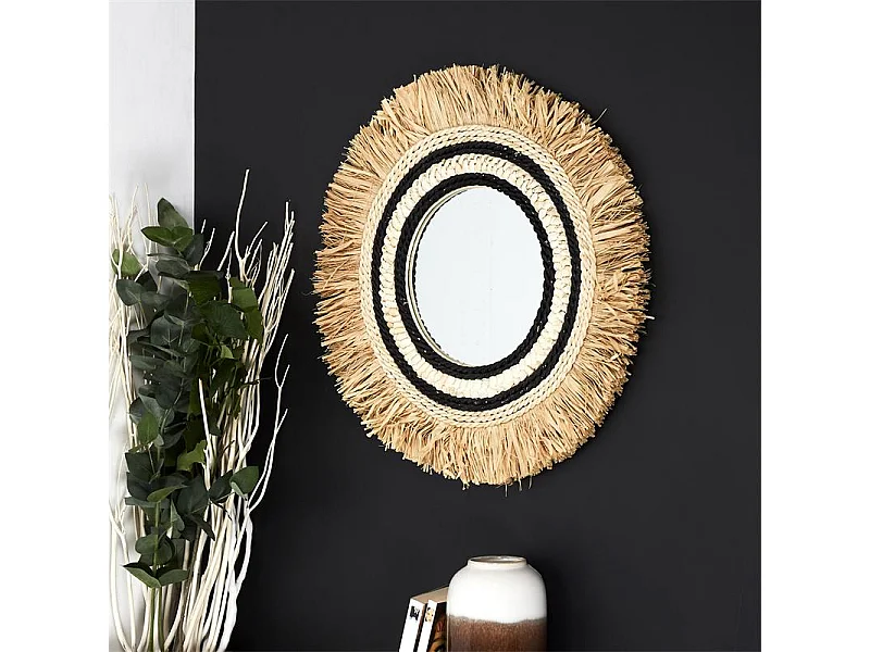 Miroir Mural en Paille "Sauvage" 58cm Beige & Noir