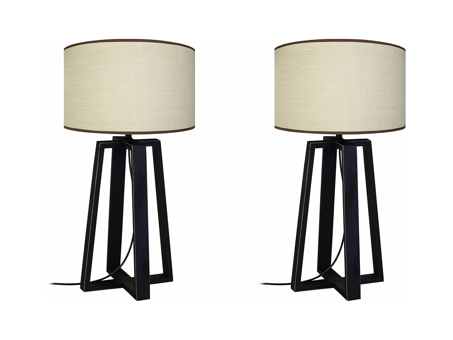 Pair de Lampes de chevet colonne bois noir,  blanc 50 cm.