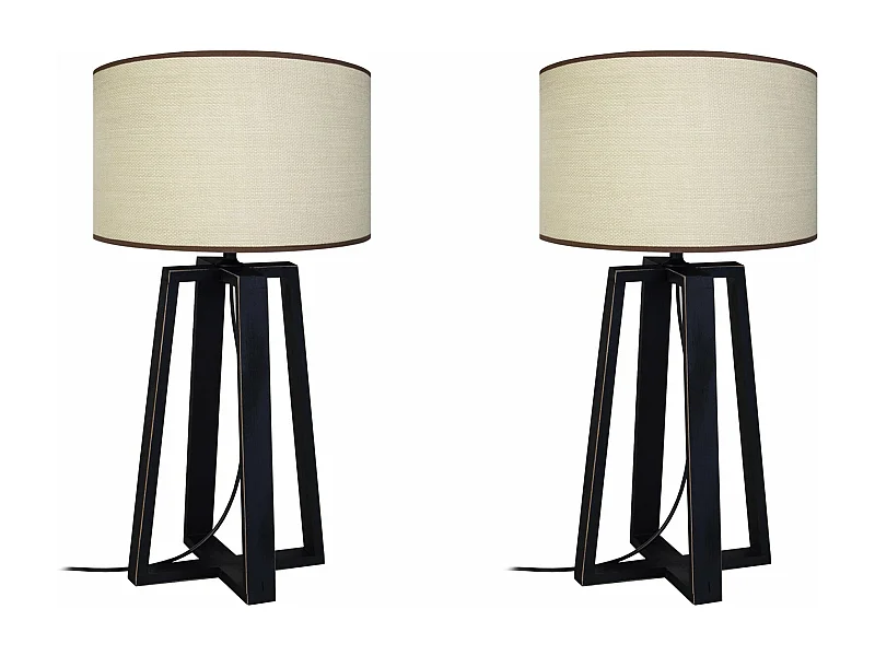 Pair de Lampes de chevet colonne bois noir,  blanc 50 cm.