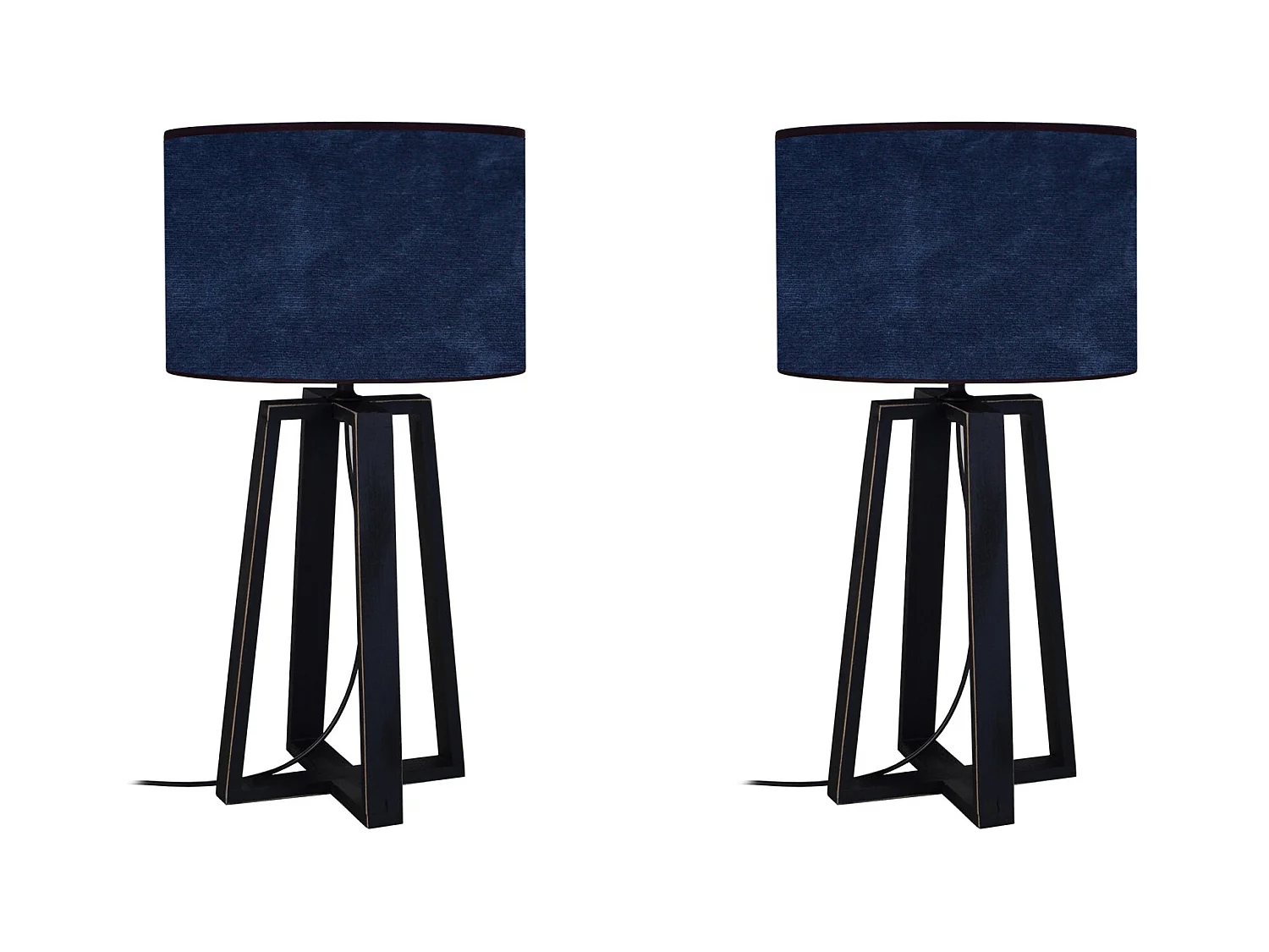 Pair de Lampes de chevet colonne bois  velour bleu 50 cm.
