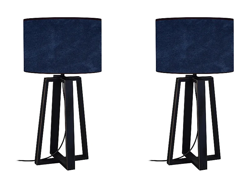 Pair de Lampes de chevet colonne bois  velour bleu 50 cm.