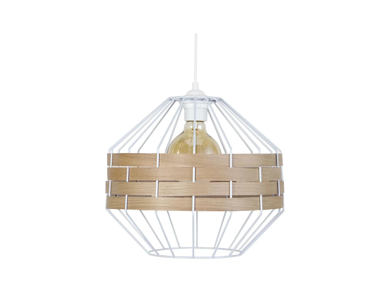 Suspension, métal blanc bois chêne 85 cm.