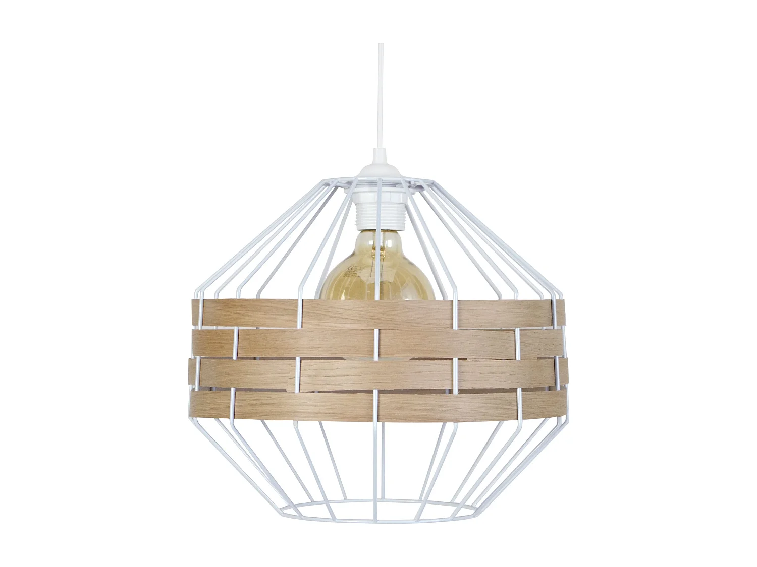 Suspension, métal blanc bois chêne 85 cm.