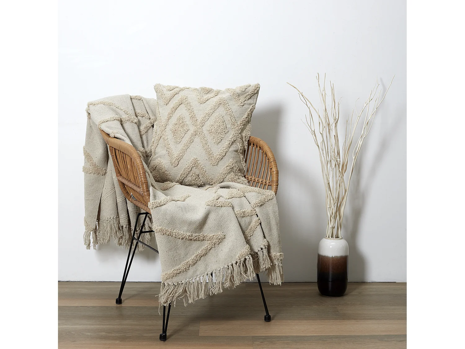 Coussin Ethnique Relief Losange Ecru 40x40cm Beige