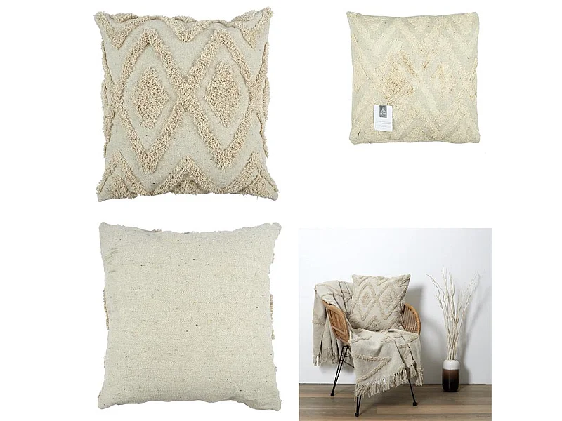 Coussin Ethnique Relief Losange Ecru 40x40cm Beige