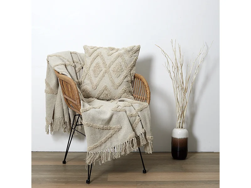 Coussin Ethnique Relief Losange Ecru 40x40cm Beige