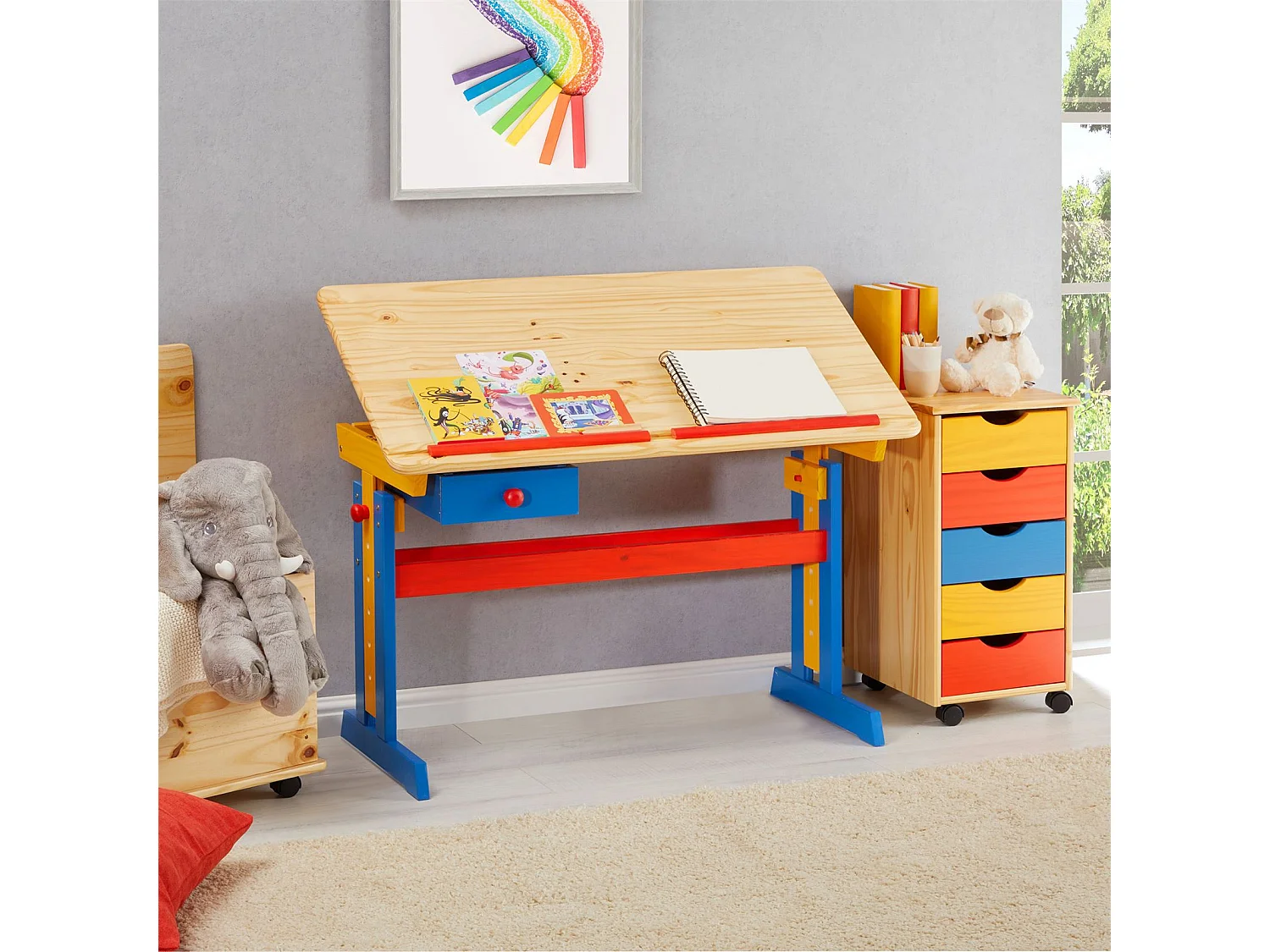 Bureau enfant écolier junior FLEXI table à dessin réglable en hauteur et pupitre inclinable avec 1 tiroir en pin lasuré multicolore