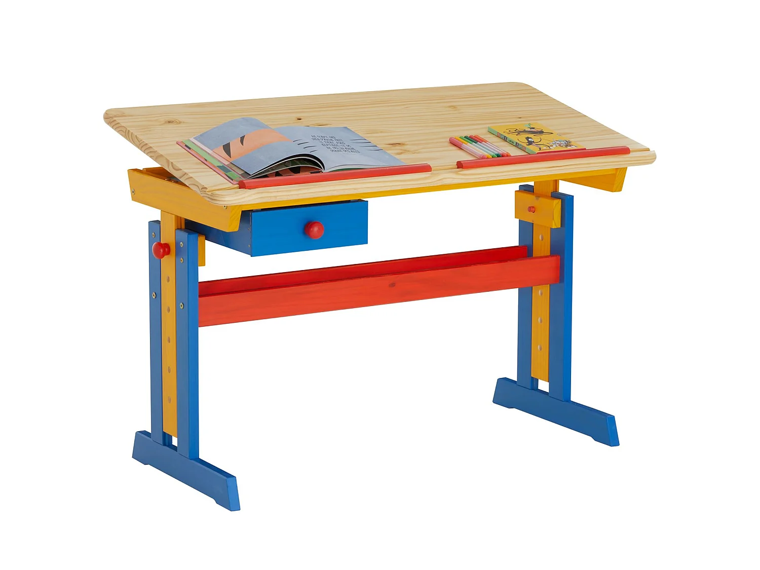 Bureau enfant écolier junior FLEXI table à dessin réglable en hauteur et pupitre inclinable avec 1 tiroir en pin lasuré multicolore